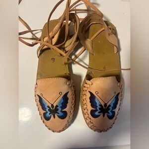 Beautiful handmade Sandels tan leather her with embroidered blue butterfly